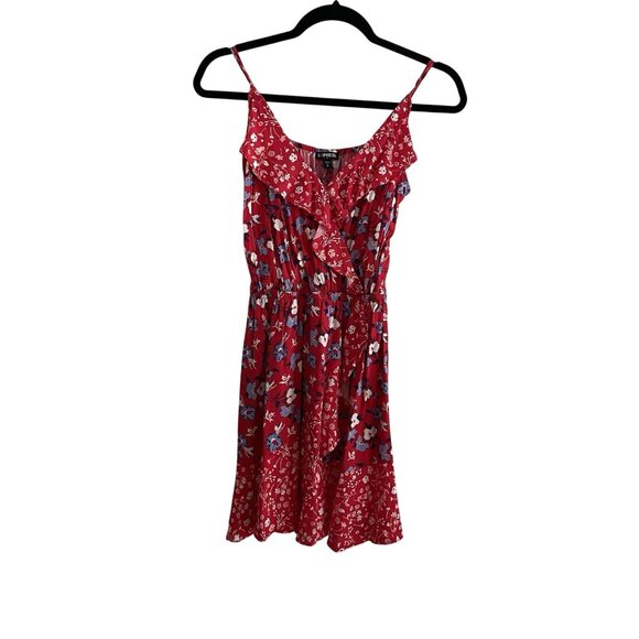 Express Women Sz S Red Floral Faux Wrap Adj Spaghetti Strap Ruffled Sundress - Picture 2 of 11